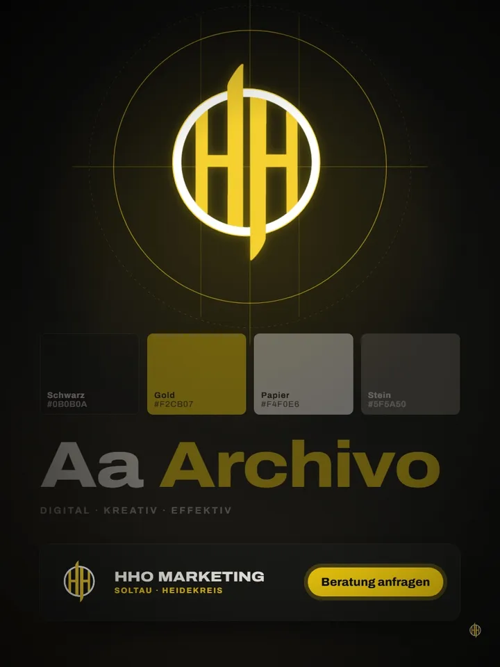 HHO-Monogramm mit Ring, Farbfeldern, Schriftprobe Archivo und dem Seitenkopf der HHO-Website