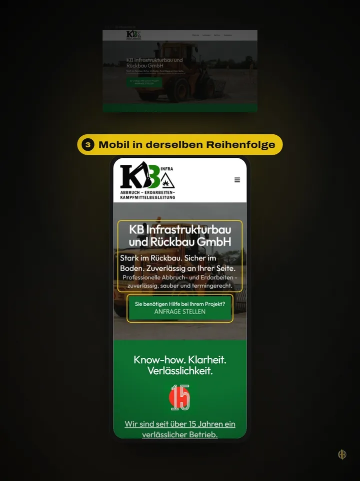 Die Website von KB Infra am Rechner und auf dem Handy, Aussage und Anfrageknopf jeweils markiert