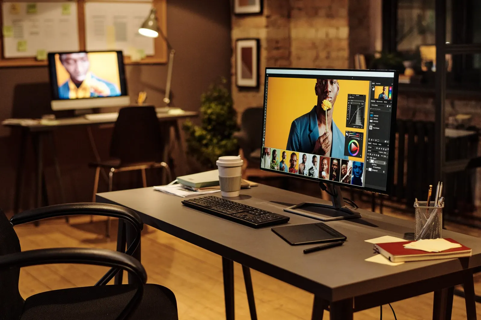 Gestaltungsarbeitsplatz mit großem Monitor