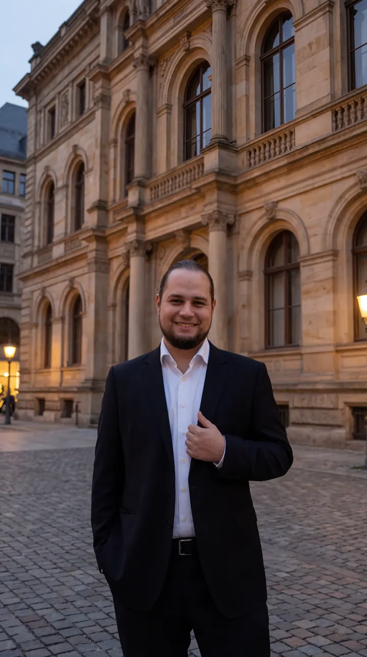 Porträt aus dem Team von HHO Marketing vor einem historischen Gebäude